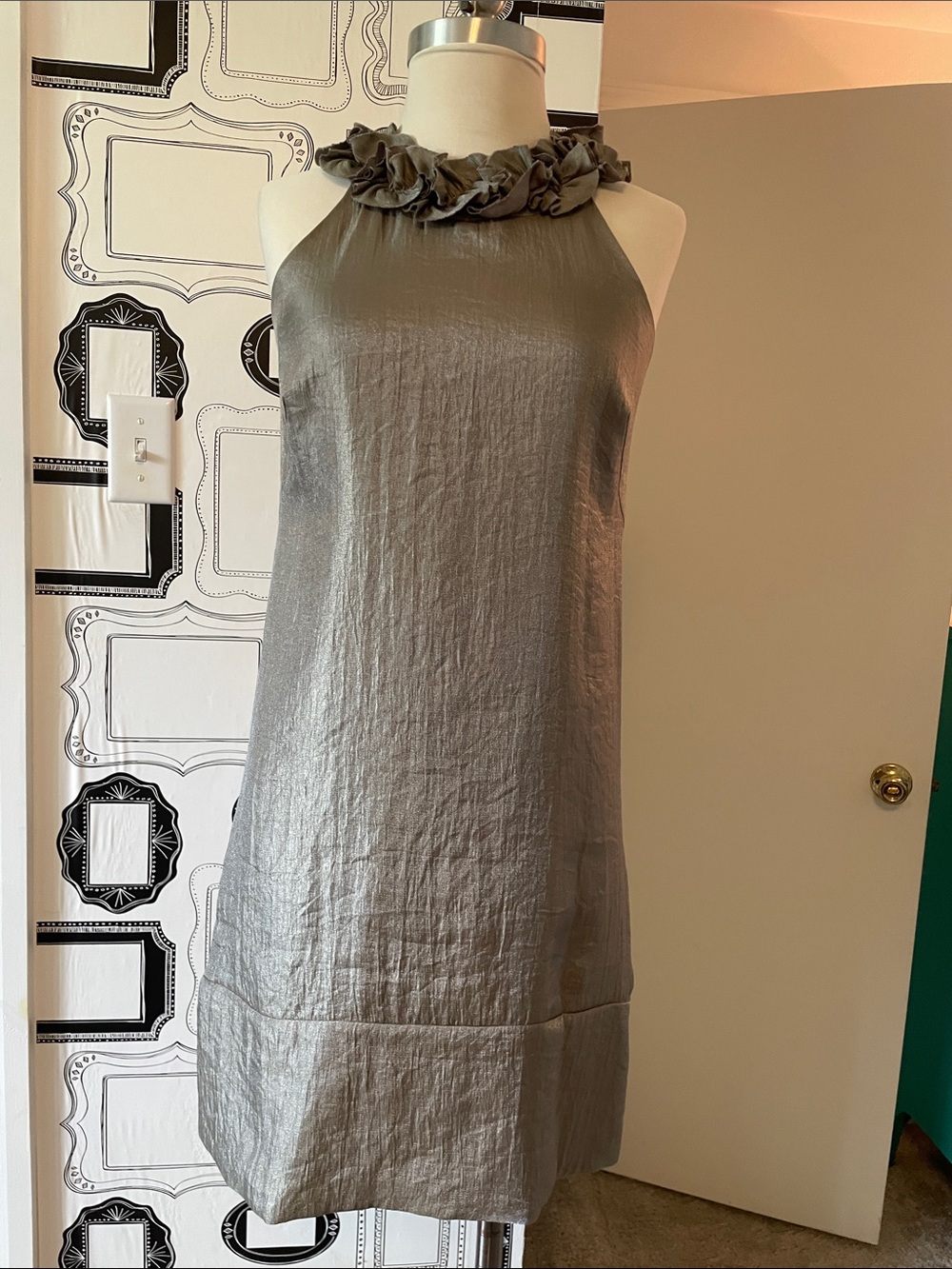 London Times Silver Halter Ruffle Neck Mini Dress